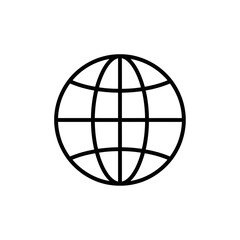 Simple black outline icon of a globe representing the internet, world, or global communication on a white background.