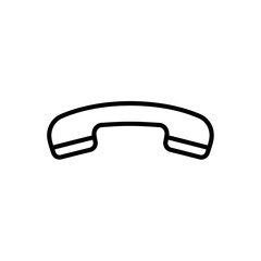A minimalist black outline icon of a vintage telephone receiver, isolated on a clean white background, symbolizing communication.
