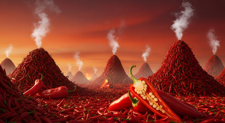Surreal landscape featuring piles of red chili peppers resembling smoking volcanoes under a fiery orange sky, with chili peppers in the foreground.