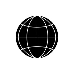 A simple, stylized black and white graphic of a globe representing the Earth with a grid of latitude and longitude lines.