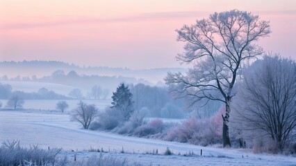 Winter pastel gradient landscape with frosted trees and serene hills at dawn