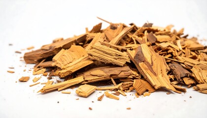 Piles of small, angular, and rough cut, brown and tan wood pieces on white background