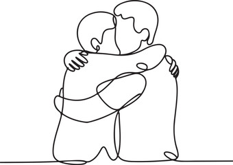 Continuous line art drawing of two people hugging, symbolizing connection, friendship, support, and empathy in a minimalist style