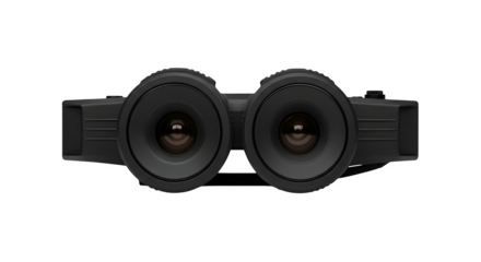 Dark binoculars feature a matte finish on a black backdrop , ideal for product photography, website headers, and minimalist branding.