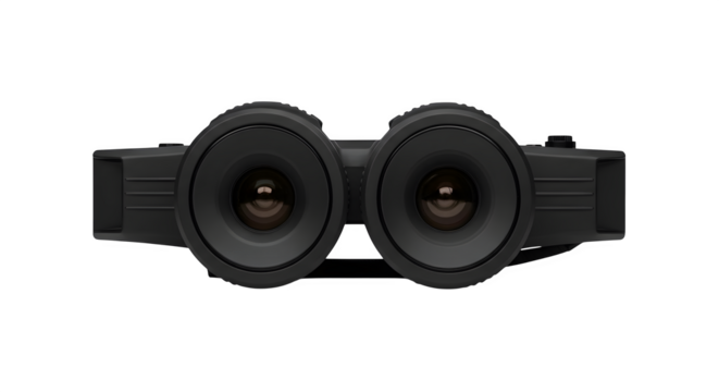 Dark binoculars feature a matte finish on a black backdrop , ideal for product photography, website headers, and minimalist branding.