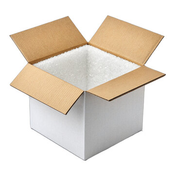 Open insulated white expanded polystyrene eps shipping box with cardboard flaps isolated on transparent background