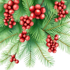 Red berries cluster on evergreen branches green needles detailed white background