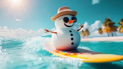 A cheerful snowman rides a surfboard in warm ocean waters under a sunny sky, showcasing holiday spirit - Powered by Adobe
