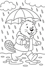 Beaver Walking in the Rain with Umbrella - kids coloring page