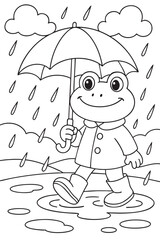 Frog Walking in the Rain with Umbrella - kids coloring page