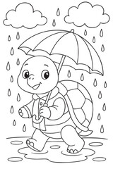 Turtle Walking in the Rain with Umbrella - kids coloring page
