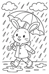 Bunny Walking in the Rain with Umbrella - kids coloring page