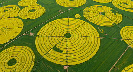 Aerial view of a field of rapeseed, meticulously cultivated into concentric circles.