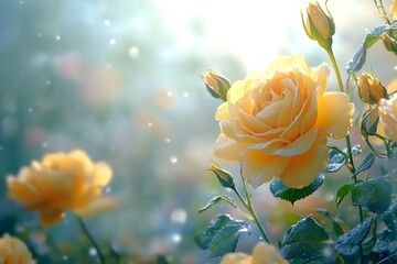 Dreamy yellow rose blooms gently sparkle with morning dew in an enchanting, soft light