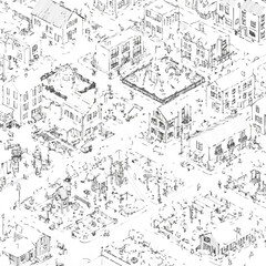 Obraz premium An intricate hand-drawn isometric illustration depicts a bustling urban landscape, showcasing many buildings and complex street patterns in a monochromatic sketch.