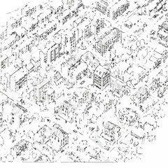 Fototapeta premium An intricate architectural illustration showcases a detailed urban landscape, featuring diverse buildings and structures in a monochrome, artistic rendering.
