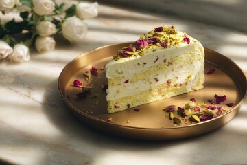 Fusion rasmalai cake slice with saffron milk, pistachios, rose petals on bronze-toned plate