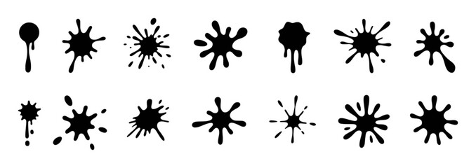 Collection of Black Ink Splatter and Drip Shapes on White Background
