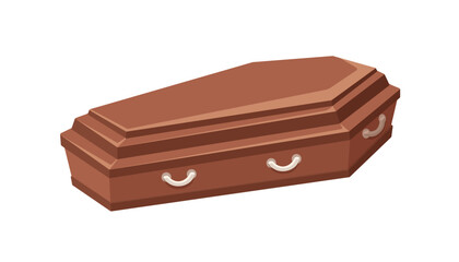 Wooden coffin. Wood casket, mourning box for death ceremony. Funeral burial case for christian cemetery, ceremonial funereal ritual. Flat graphic vector illustration isolated on white background