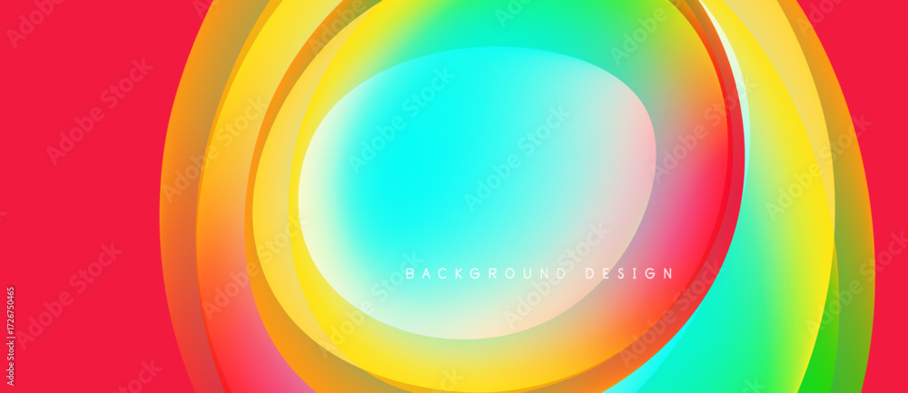 Poster abstract colorful layers create dynamic oval shape. gradient hues blend, forming vibrant background 
