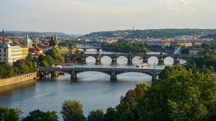 Fototapeta premium Prague panoramic aerial view, old bridges across Vltava river, Prague, Czechia