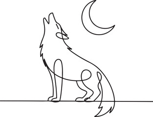 Minimalist single-line wolf howling at the moon, elegant black and white vector illustration
