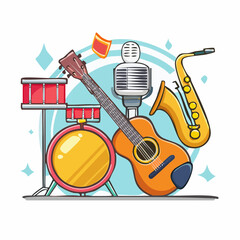 Cartoon illustration of musical instruments: drums, guitar, microphone, saxophone.