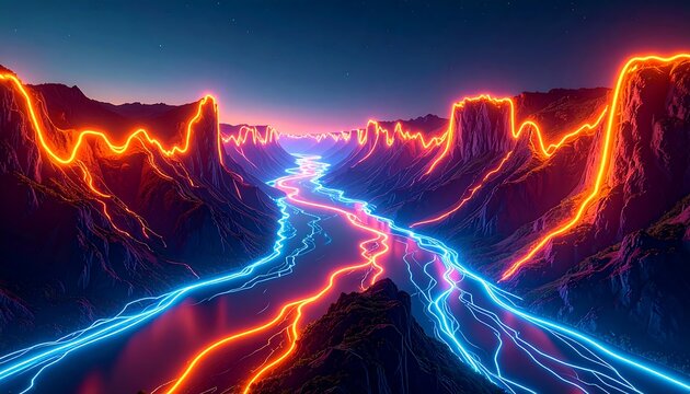 Neon river winding through vibrant mountains