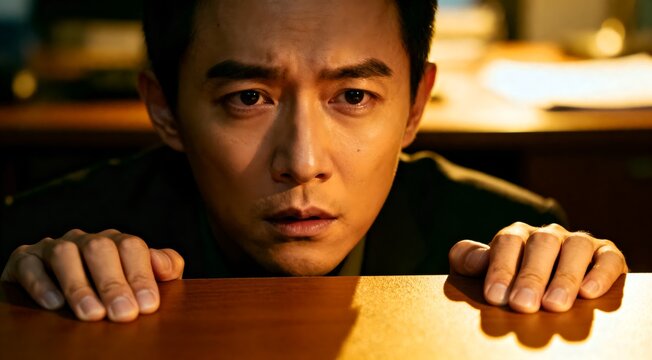Intense close-up of a frightened man with wide eyes peeking over a wooden desk in a dimly lit, suspenseful office scene