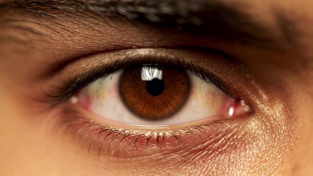 Extreme close up macro shot of a human brown eye with a detailed iris and pupil looking directly at the camera representing vision and biometrics.