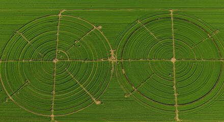 Aerial view showcasing two circular irrigation systems in a vibrant green field, creating geometric patterns.