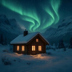 Fototapeta premium Cozy Log Cabin in a Snowy Mountain Landscape Illuminated Under the Vibrant, Dancing Lights of the Aurora Borealis
