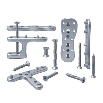 Orthopedic surgical implants and medical hardware collection isolated on a dark surface