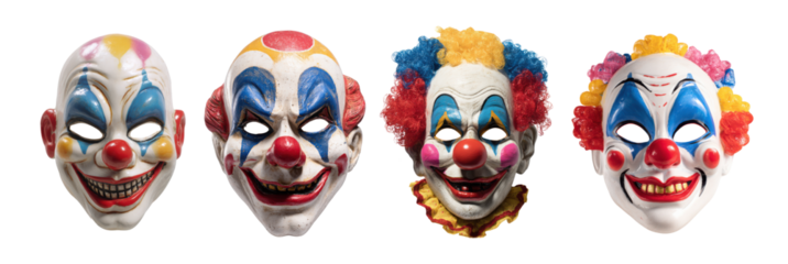 Creepy halloween clown masks collection with scary faces for horror, costume party, and carnival themes