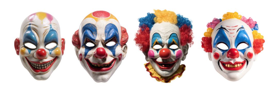Creepy halloween clown masks collection with scary faces for horror, costume party, and carnival themes