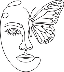 Abstract Continuous Line Art A Woman's Face Merging with Butterfly Wings