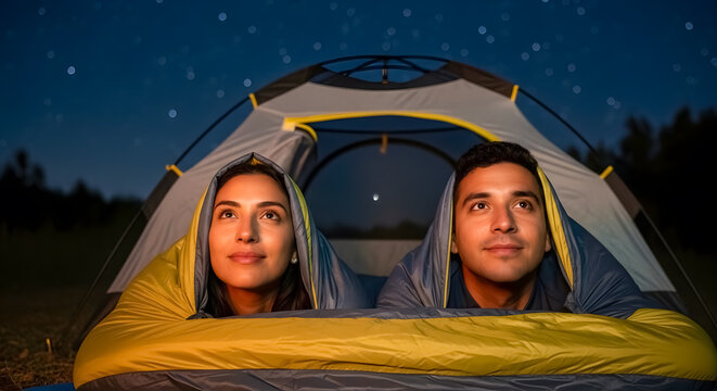Romantic camping under stunning starry night sky, young couple stargazing in tent, enjoying nature and quality time together on dreamy outdoor adventure