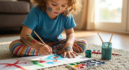 Young Girl Painting Colorful Artwork Indoors Bright Natural Light