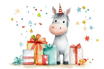 Naklejka premium Watercolor illustration of a smiling horse in a party hat surrounded by colorful stars, balloons, and presents