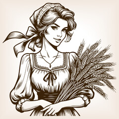 beautiful young woman in traditional dress holding a large bundle of wheat stalks sketch engraving generative ai fictional character vector illustration. Scratch board imitation. Black and white image