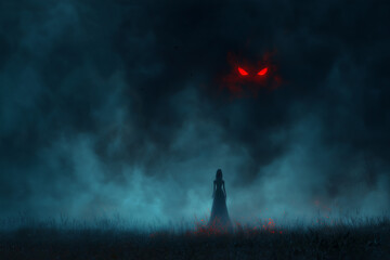 Fototapeta premium Mara terrifying shadow spirit in misty meadow midnight horror fantasy art