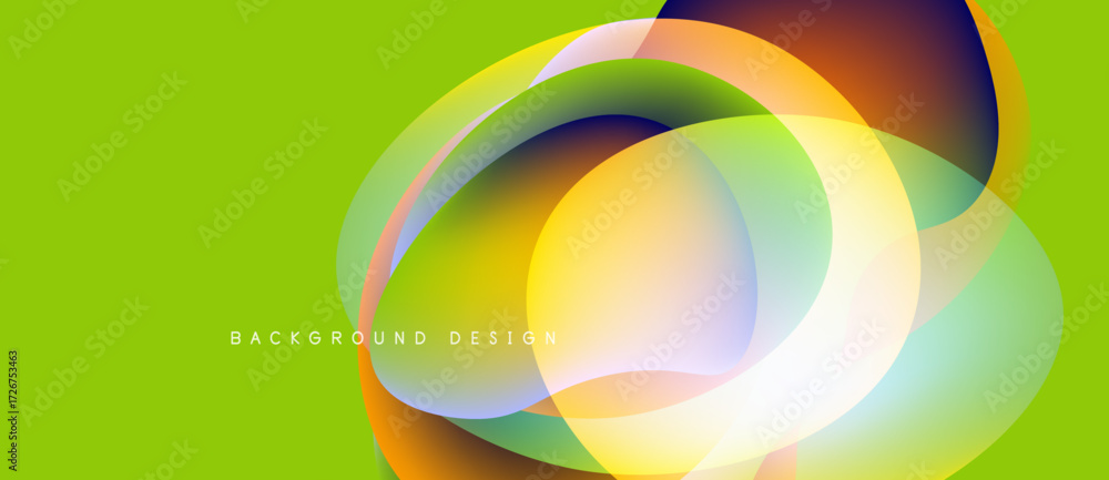 Poster bright abstract design features overlapping colorful circles. vivid green background complements dyn