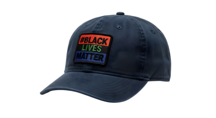 Navy canvas cap with #BlackLivesMatter badge, smooth fabric, studio lighting. For social media, e-commerce product photography, or political branding use.