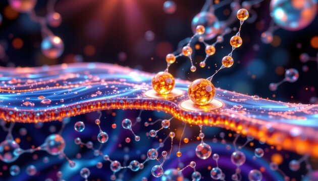 artistic diagram showing lipid bilayer fluid mosaic with vitamin e molecules stopping peroxyl radicals, antioxidant role highlighted, futuristic colorful medical illustration