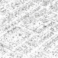 Fototapeta premium Intricate black and white line art illustrates a sprawling urban landscape from an isometric aerial view, depicting numerous buildings and interconnected street networks.
