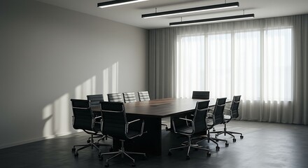 Minimalist Conference Room, Sunlight Streams Through, Empty and Serene.