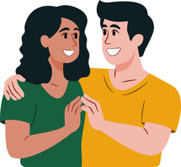 Male and female couples embrace each other in love with ethnic diversity and skin color