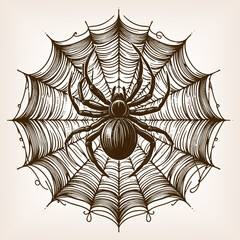 Obraz premium spider sitting in the center of its web, ideal for nature, Halloween, or decorative design sketch engraving generative ai vector illustration. Scratch board imitation. Black and white image.