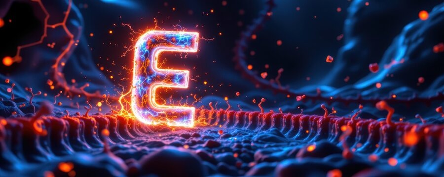 conceptual artwork depicting vitamin e as antioxidant firebreak inside membranes, halting radical chain reactions, glowing molecular light barriers, futuristic science theme