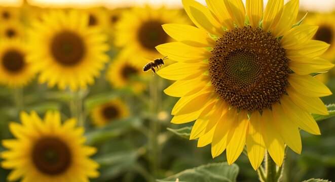 Bright Yellow Sunflower with Bee Flying Near Bloom in Sunny Field
